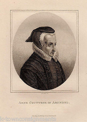 ANNE COUNTESS OF ARUNDEL ENGLAND ANTIQUE PORTRAIT ENGRAVING PRINT BIO 1806 - K-townConsignments