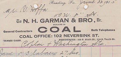 N.H. GARMAN COAL READING PENNSYLVANIA ANTIQUE GRAPHIC STATIONERY RECEIPT 1915 - K-townConsignments