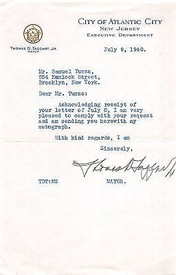 THOMAS TAGGART ATLANTIC CITY MAYOR NJ ORIGINAL AUTOGRAPH SIGNED LETTERHEAD 1940 - K-townConsignments