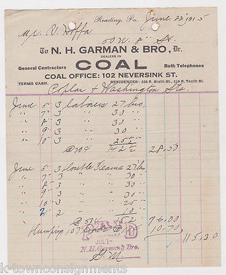 N.H. GARMAN COAL READING PENNSYLVANIA ANTIQUE GRAPHIC STATIONERY RECEIPT 1915 - K-townConsignments