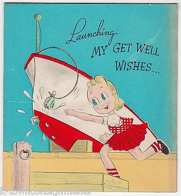 Speed Boat Launching Cute Girl Sailor Vintage Graphic Illustrated Get Well Card - K-townConsignments