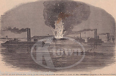 CIVIL WAR NAVAL BATTLE BACHE'S QUAKER INDIANOLA SHIPS ANTIQUE ENGRAVING PRINT - K-townConsignments