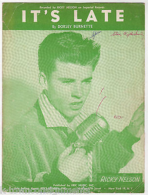 RICKY NELSON IT'S LATE VINTAGE ROCK SONG WORDS & LYRICS SHEET MUSIC 1959 - K-townConsignments
