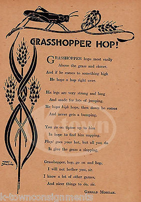 GRASSHOPPER HOP NATURE POEM ANTIQUE NURSERY RHYME GRAPHIC ILLUSTRATION PRINT - K-townConsignments