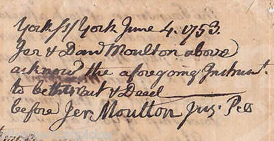 SAM SEWALL DANIEL MOULTON YORK MAINE ANTIQUE AUTOGRAPH SIGNED LAND DOCUMENT 1753 - K-townConsignments