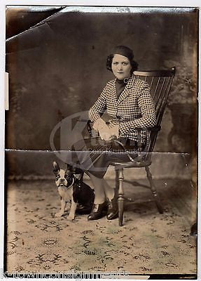 Great Boston Terrier Dog & Fashionable Owner Seated Large Antique Snapshot Photo - K-townConsignments