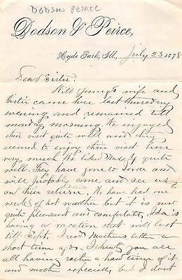 DODSON PEIRCE HYDE PARK ILLINOIS ANTIQUE AUTOGRAPH SIGNED PERSONAL LETTER 1874 - K-townConsignments