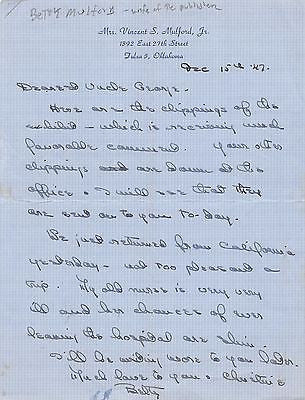 MRS VINCENT MULFORD PUBLISHING TULSA OK VINTAGE AUTOGRAPH SIGNED LETTER 1947 - K-townConsignments