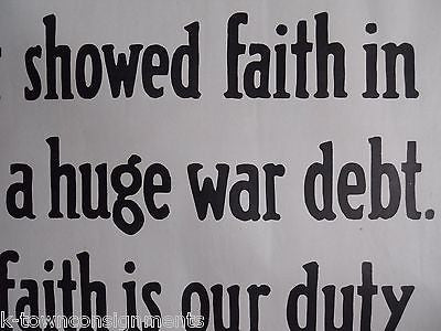 WWI WAR DEBT BISHOP CHARLES SLATTERY QUOTE LARGE ANTIQUE WAR BONDS POSTER - K-townConsignments