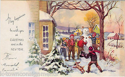 Kids Winter Snowman Scene Vintage Stand-Up Graphic Illustrated Christmas Card - K-townConsignments