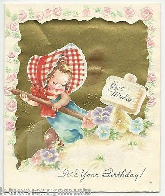 Cute Little Girl Gardening Vintage Graphic Art Birthday Greetings Card - K-townConsignments