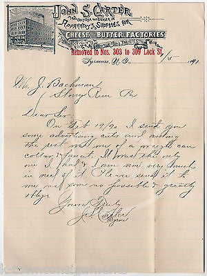 JOHN S. CARTER CHEESE & BUTTER SYRACUSE NY ANTIQUE ADVERTISING LETTERHEAD 1891 - K-townConsignments