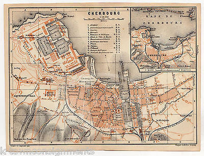 CHERBOURG FRANCE EQUEURDREVILLE ANTIQUE TRAVEL CITY MAP WAGNER & LEIPZIG 1909 - K-townConsignments