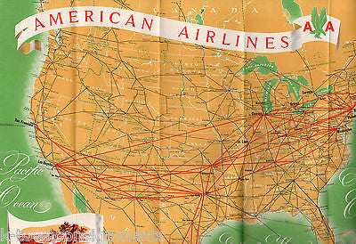 AMERICAN AIRLINES VINTAGE GRAPHIC ADVERTISING FOLD-OUT MAP TRAVEL BORCHURE - K-townConsignments