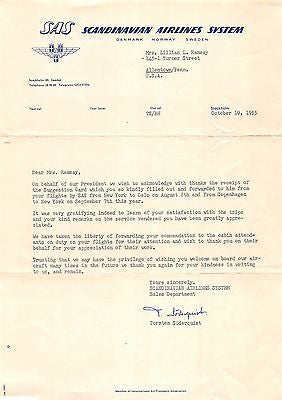 SCANDINAVIAN AIRLINES VINTAGE AUTOGRAPH SIGNED CUSTOMER SERVICE LETTERHEAD 1955 - K-townConsignments