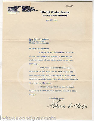 DAVID WALSH MASS SENATOR EDUCATION & LABOR AUTOGRAPH SIGNED LETTER 1934 - K-townConsignments