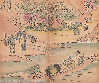 TRAVELERS IN TRANQUIL ASIAN RIVER SCENE ANTIQUE JAPANESE GRAPHIC ART PRINT - K-townConsignments