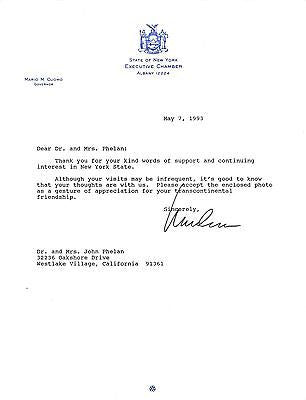 MARIO CUOMO NEW YORK GOVERNOR ORIGINAL AUTOGRAPH SIGNED LETTERHEAD 1993 - K-townConsignments