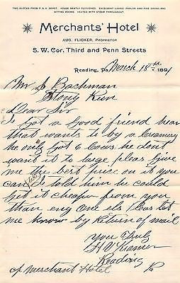 MERCHANT'S HOTEL READING PENNSYLVANIA ANTIQUE ADVERTISING LETTERHEAD 1891 - K-townConsignments