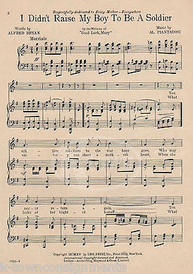 CHIEF TENDEHOA I DIDNT RAISE MY BOY TO BE A SOLDIER GRAPHIC ART SHEET MUSIC 1915 - K-townConsignments