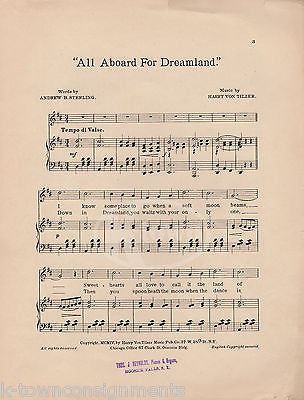 ALL ABOARD FOR DREAMLAND HARRY VON TILZER ANTIQUE GRAPHIC ART SHEET MUSIC 1904 - K-townConsignments