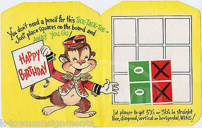 TIC-TAC-TOE MONKEY CUTE GAME VINTAGE UNUSED GRAPHIC ART BIRTHDAY GREETGINS CARD - K-townConsignments