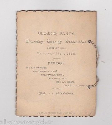 CUTE DOLLY TRINKET PASTED ON COVER ANTIQUE BOSTON GRADUATION DANCE CARD 1885 - K-townConsignments