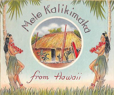 MELE KALIKIMAKA HAWAIIAN HULA GIRLS VINTAGE GRAPHIC ART CHRISTMAS GREETINGS CARD - K-townConsignments