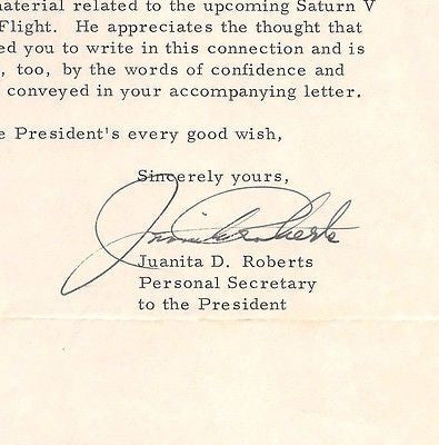 JUANITA ROBERTS AUTOGRAPH SIGNED PRESIDENTIAL LETTER OF NASA APOLLO FLIGHT 1967 - K-townConsignments