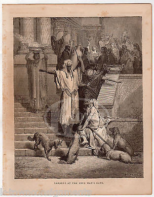 Lazarus & the Rich Man Religious Parable Antique Bible Story Engraving Print - K-townConsignments