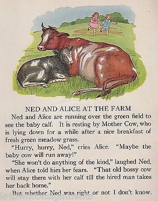 LITTLE BOY & GIRL COWS ON THE FARM ANTIQUE CHILDREN'S POEM ILLUSTRATION PRINT - K-townConsignments