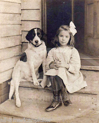 DARLING LITTLE GIRL & HER PUPPY DOG AMERICAN FARMHOUSE PORCH ANTIQUE PHOTOGRAPH - K-townConsignments