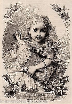 CUTE LITTLE GIRL & ANTIQUE DOLL CHRISTMAS PRESENTS GRAPHIC ENGRAVING PRINT 1862 - K-townConsignments