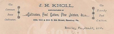 J.H. KNOLL CULTIVATORS FARM EQUIPMENT READING PA ANTIQUE SIGNED LETTERHEAD 1895 - K-townConsignments