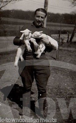FARMER SOLDIER WITH CUTE BABY LAMBS IN HAND ORIGINAL VINTAGE SNAPSHOT PHOTO - K-townConsignments
