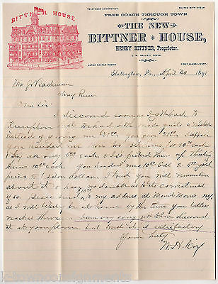 HENRY BITTNER HOUSE HOTEL SLATINGTON PA ANTIQUE GRAPHIC ADVERTISING LETTER 1891 - K-townConsignments