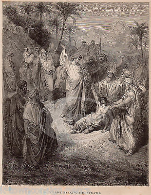 Jesus Christ Healing the Madman Legion Antique Religious Bible Engraving Print - K-townConsignments