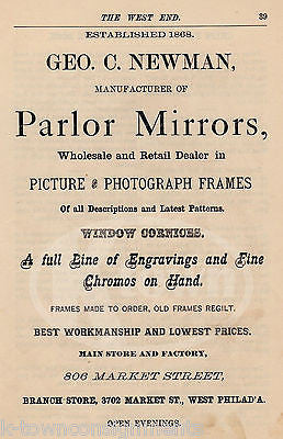 GEORGE NEWMAN PHILA PA MIRROR & PICTURE FRAMING STORE ANTIQUE ADVERTISING PRINT - K-townConsignments