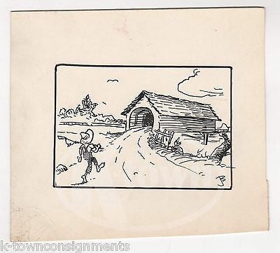 COUNTRY BOY GONE FISHING OLD COVERED BRIDGE ORIGINAL SIGNED INK CARTOON SKETCH - K-townConsignments