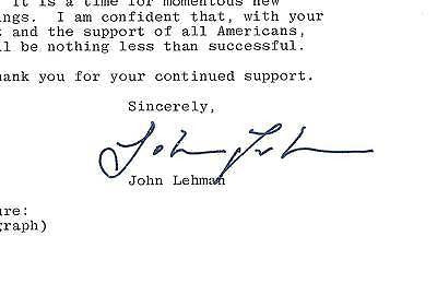 JOHN LEHMAN US SECRETARY OF NAVY ORIGINAL AUTOGRAPH SIGNED LETTERHEAD 1981 - K-townConsignments