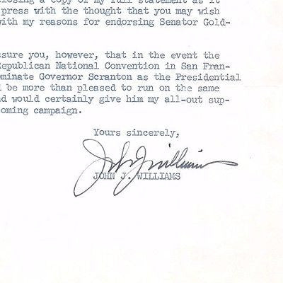 JOHN WILLIAMS DELAWARE SENATE CONGRESSMAN ORIGINAL AUTOGRAPH SIGNED LETTERHEAD - K-townConsignments