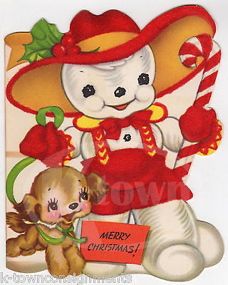 Christmas Snowman & Cute Puppy Vintage Red Velvet Graphic Art Greetings Card - K-townConsignments