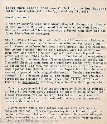 ED CHAPPELL HARTFORD RETREAT INSANE ASYLUM INFIDELITY GOSSIP ANTIQUE LETTER 1854 - K-townConsignments