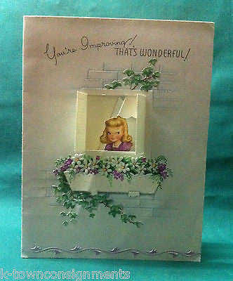 Cute Little Girl Peeking Out Window Vintage Graphic Art Get Well Greetings Card - K-townConsignments