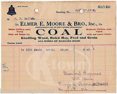 ELMER MOORE COAL & GRAIN READING PENNSYLVANIA ANTIQUE ADVERTISING SALES RECEIPT - K-townConsignments