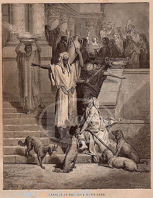 Lazarus & the Rich Man Religious Parable Antique Bible Story Engraving Print - K-townConsignments