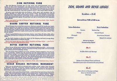 UNION PACIFIC RAILROAD ZION GRAND CANYON BRYCE NATIONAL PARK BREAKFAST MENU - K-townConsignments