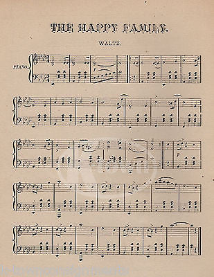 HAPPY FAMILY WALTZ STRAUSS DANCE SONG ANTIQUE ENGRAVING SHEET MUSIC - K-townConsignments