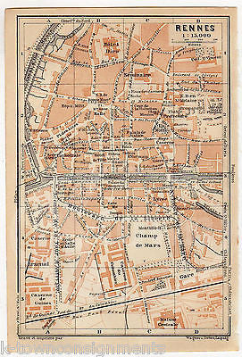 RENNES FRANCE CHAMP DE MARS ANTIQUE TRAVEL CITY MAP WAGNER & LEIPZIG 1909 - K-townConsignments