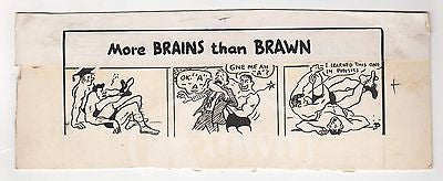 BRAINS OVER BRAWN WRESTLER WRESTLING HUMOR ORIGINAL NEWSPAPER INK SKETCH DRAWING - K-townConsignments